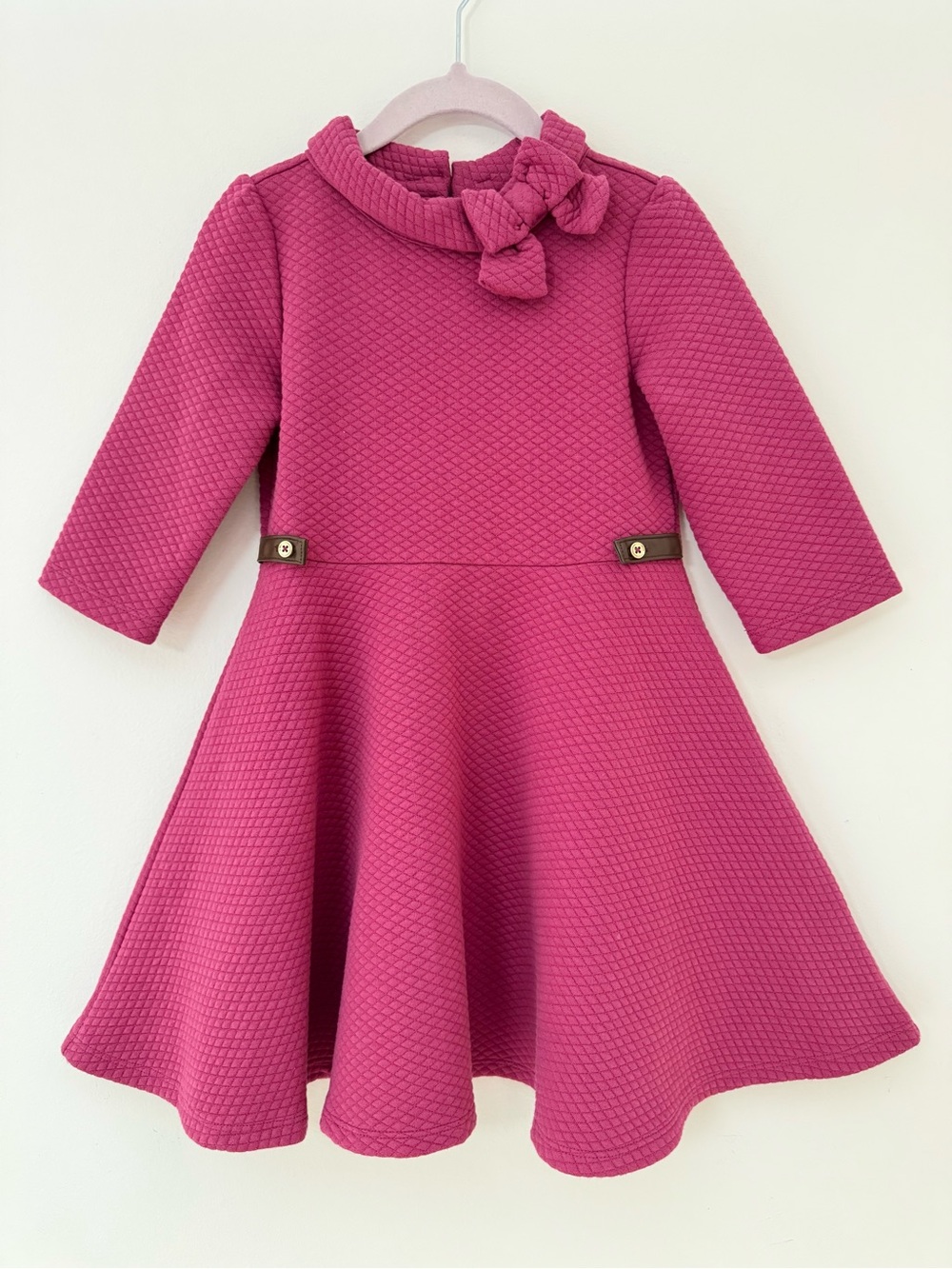 Girls Janie and Jack Girls Quilted Long Sleeve Bow Collar Dress Magenta Pink Siz